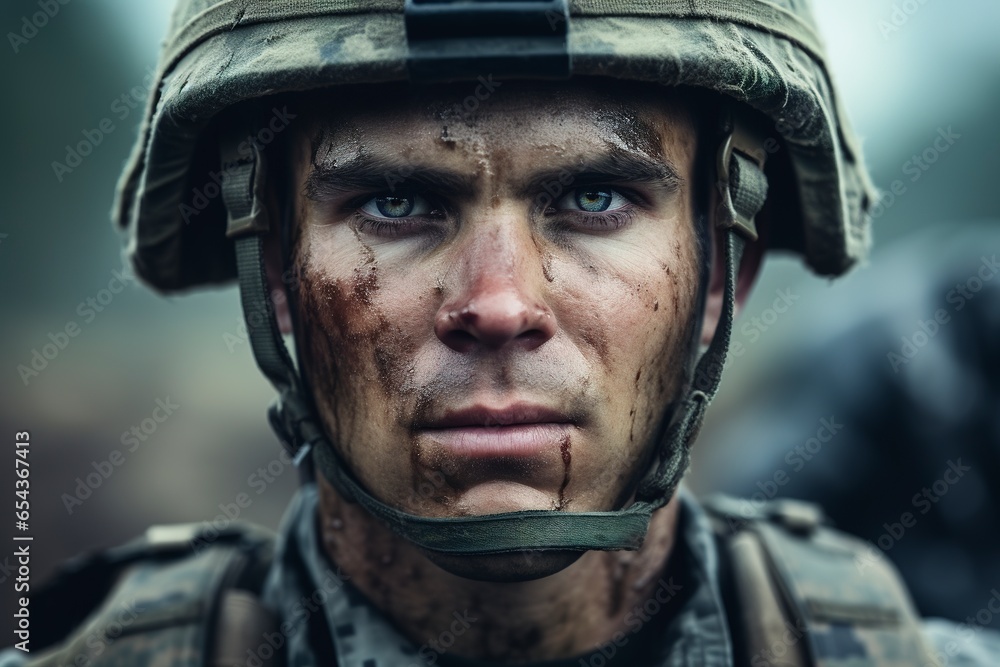 Close-up portrait of a focused and brave American male soldier in uniform, intently looking into the camera with an expression of determination and pride, against a neutral background Close-up portrait of a focused and brave American male soldier in uniform, intently looking into the camera with an expression of determination and pride, against a neutral background