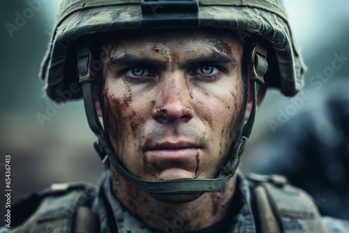 Close-up portrait of a focused and brave American male soldier in uniform, intently looking into the camera with an expression of determination and pride, against a neutral background © EOL STUDIOS