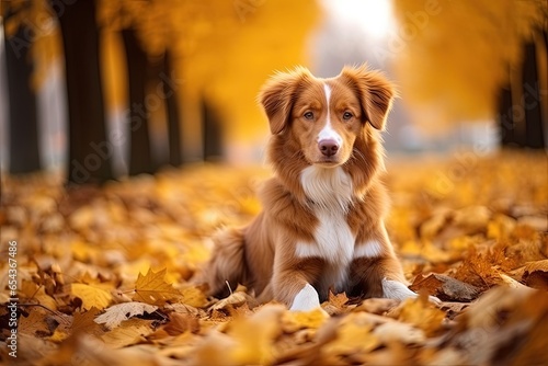 Autumn walk with Toller dog in yellow park leaves Nova Scotia photo