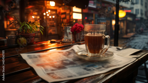 Newspaper and coffee on the table.