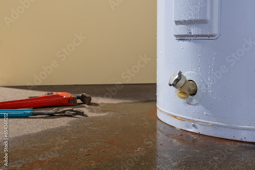 Water leaking from a residential electric water heater with a couple plumbers tools. photo