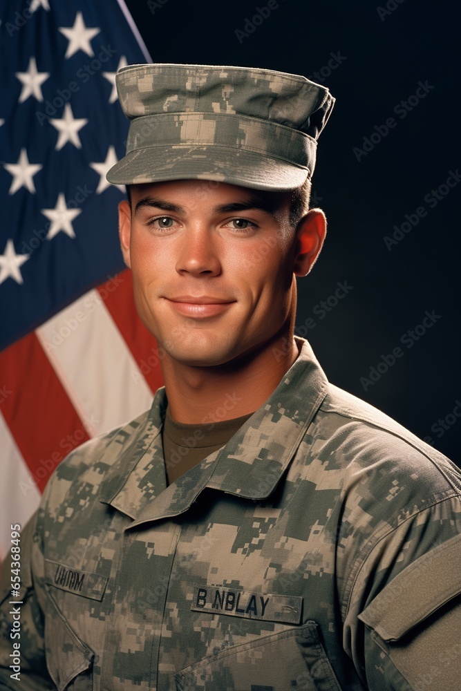 Portrait of a smiling American male soldier, exuding warmth and friendliness, looking at the camera, set against the backdrop of an American flag Portrait of a smiling American male soldier, exuding warmth and friendliness, looking at the camera, set against the backdrop of an American flag