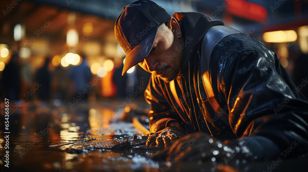 Pouring wet concrete at construction site.