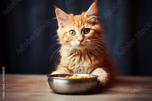 Banner with ginger cat eating from bowl copy space
