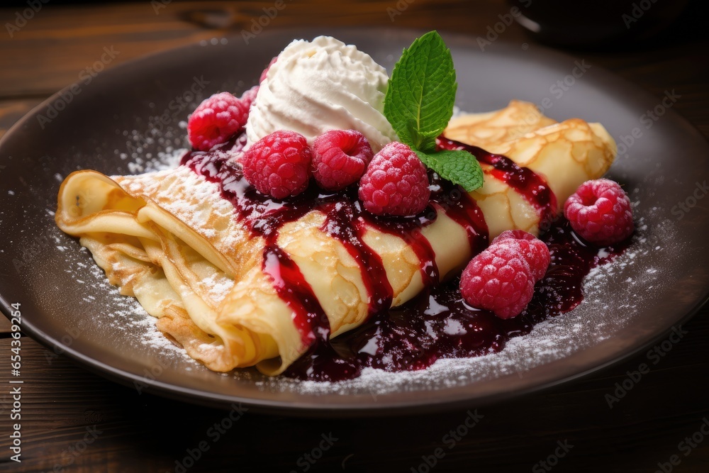 tasty crepes with raspberry and cream on wooden table tasty crepes with raspberry and cream on wooden table