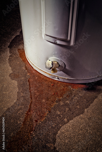 Water leaking from a residential electric water heater sitting on a concrete floor with signs of rust and iron staining the floor.