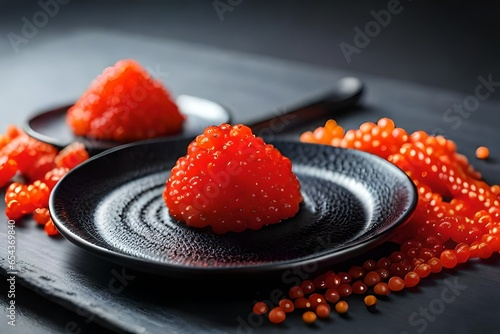 Red caviar on a black plate with a black spoon full of the same color stone concrete table background. 