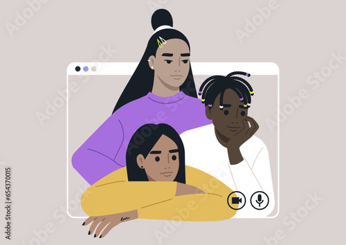 A vibrant and diverse group of stylish teenagers joyfully gathered together, celebrating their differences and unity in style and friendship, a video call frame