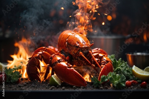 Hyper-Realistic High-Resolution Grilled Lobster Falling onto Barbecue with Dynamic Flame, Smoke, and Falling Ingredients