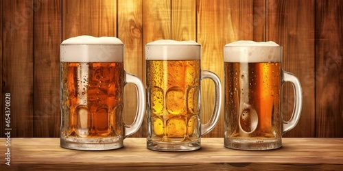 Fresh Beer in Various Glass Cups on a Wooden Table photo