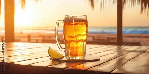 Fresh Beer on a Wooden Table with Beach View photo