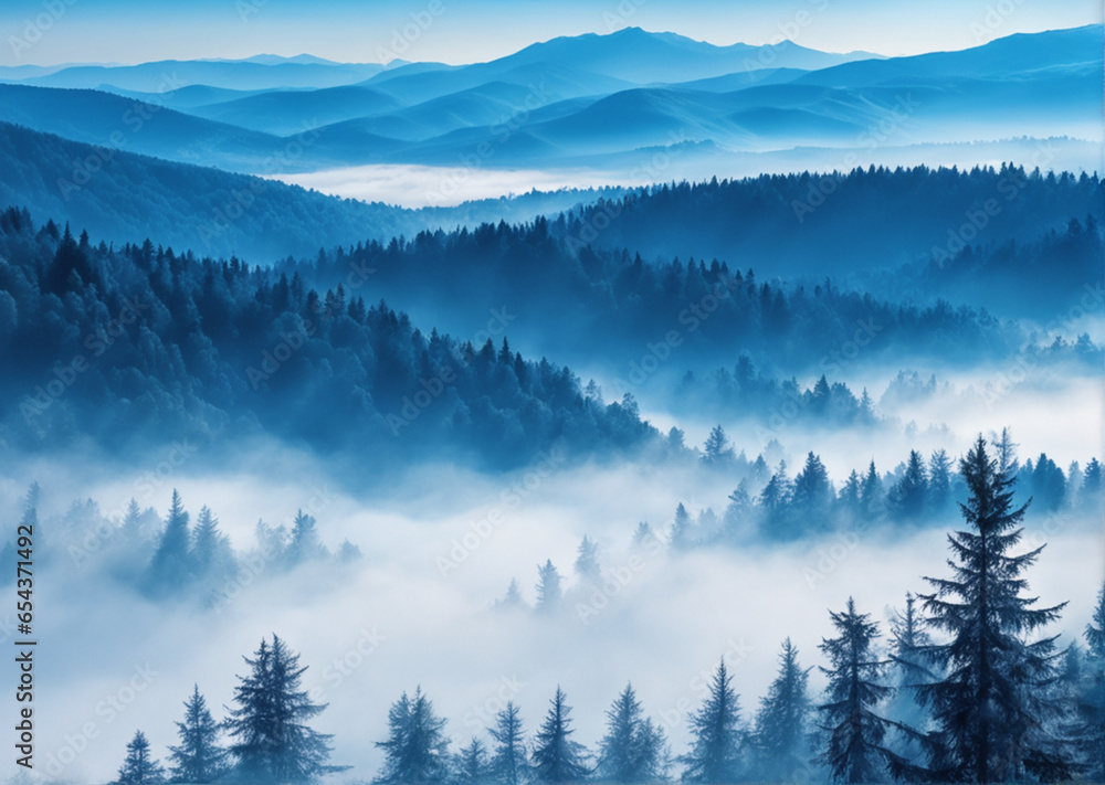 deep stunning view of the forest in the fog. Landscape in blue-turquoise shades, old living forest
