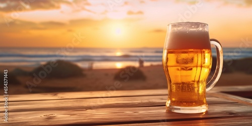 Fresh Beer on a Wooden Table with Beach View
