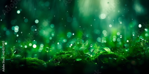 abstract background with bokeh lights in shades of green, evoking a tranquil forest setting.