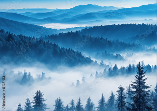 deep stunning view of the forest in the fog. Landscape in blue-turquoise shades, old living forest © Anminsi