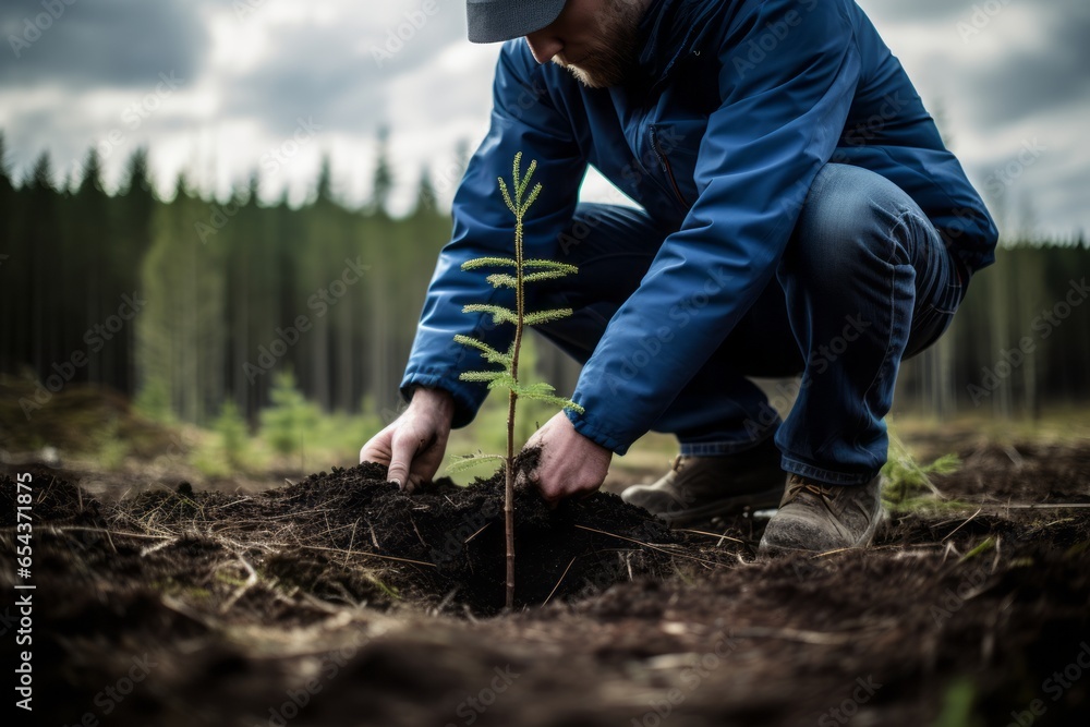 A man kneels to plant a little tree with green leaves in the middle of big trees. The sky is filled with clouds. A man kneels to plant a little tree with green leaves in the middle of big trees. The sky is filled with clouds.