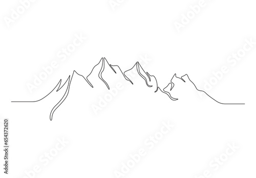  Mountains landscape in continuous one line drawing mounts with high peak in simple linear style vector illustration. Premium vector.