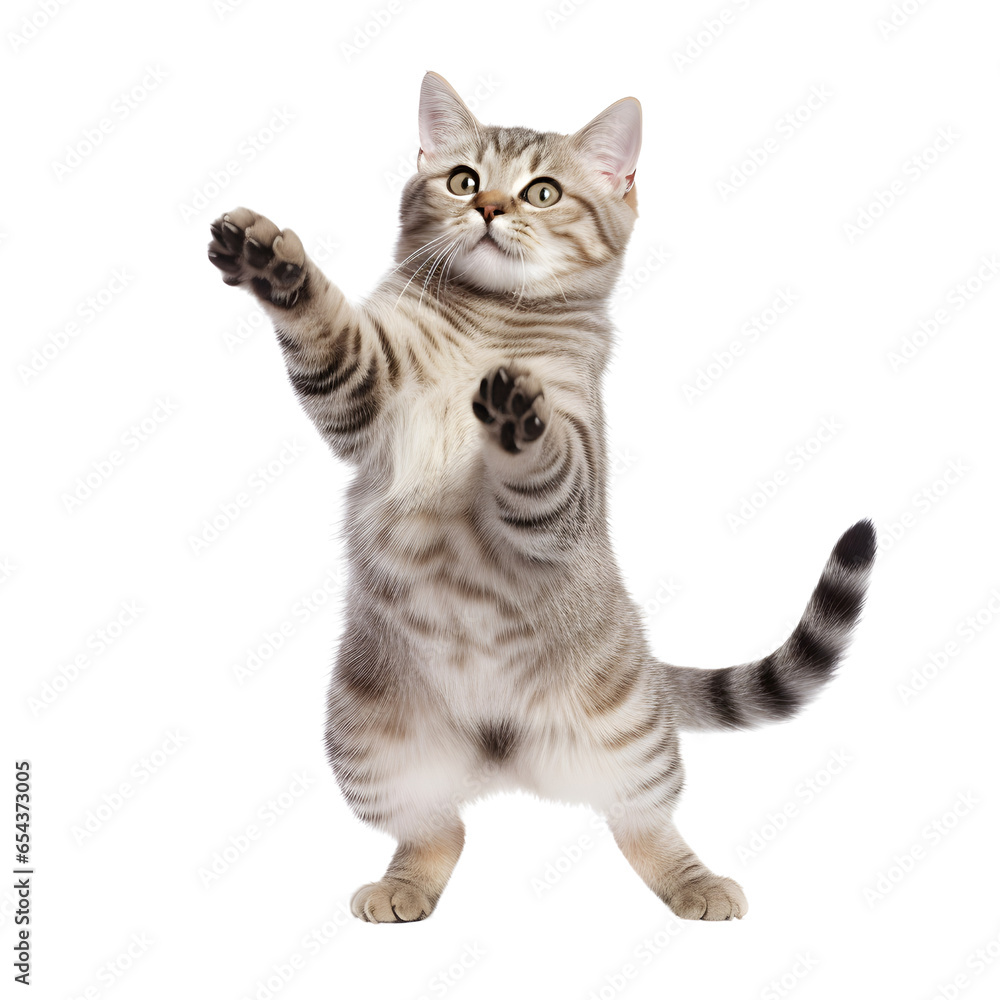 Cat standing in dancing pose paws isolated on transparent background.