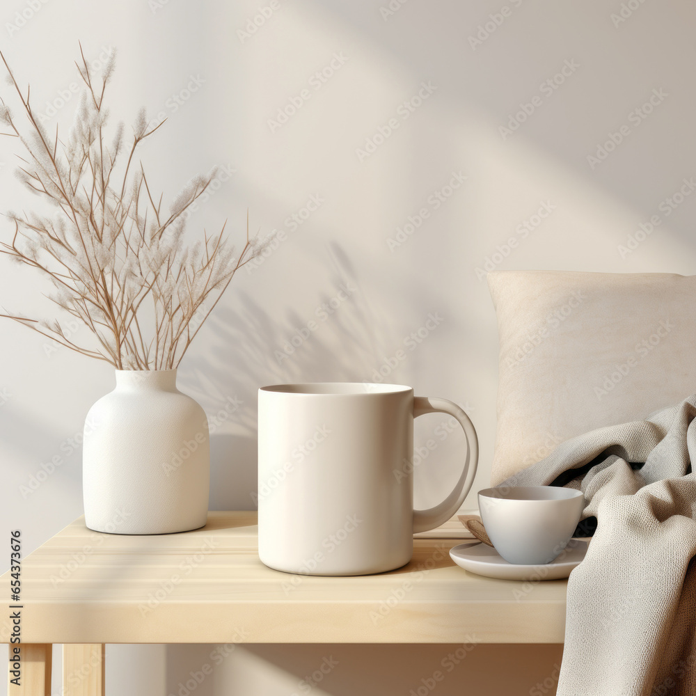 White mug with dry grass in vase on table 