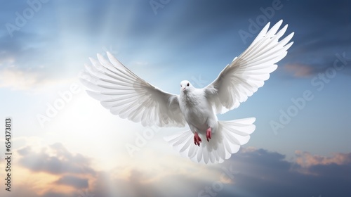 White dove flying in the sky among the clouds  symbol of peace. Pigeon background
