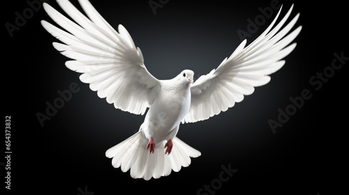 White dove flying, isolated on black background. Symbol of peace © eireenz