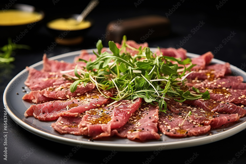 Carpaccio of beef on a plate with mustard and spices Carpaccio of beef on a plate with mustard and spices