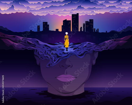 Woman standing on head looking at city life with mental health concept