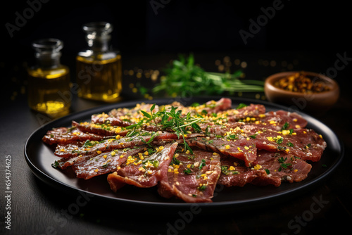 Carpaccio of beef on a plate with mustard and spices