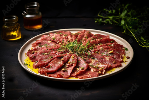 Carpaccio of beef on a plate with mustard and spices