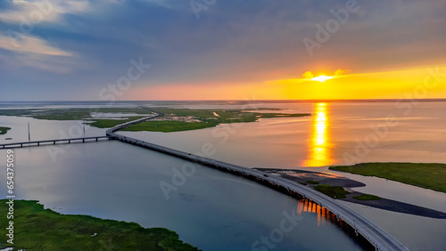 Aerial view of sunset over bridge