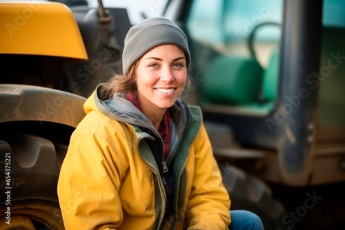 portrait of a female farmer working and living on a farm with a tractor in the background