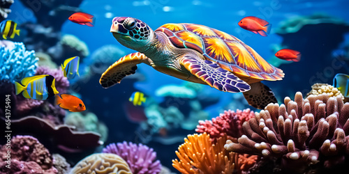 Serene Depths: Turtle With Colorful Fish and Coral in Underwater Ocean Scene © Bartek