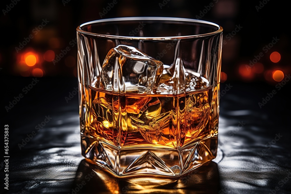 A glass of whiskey with ice on a wooden background. A glass of Scotch whiskey with ice in a rustic style. Whiskey on the rocks.