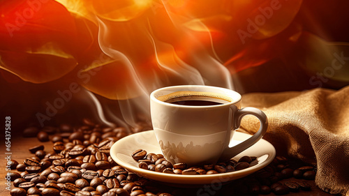 Coffee cup with coffee beans background.Steam rises from the cup.
