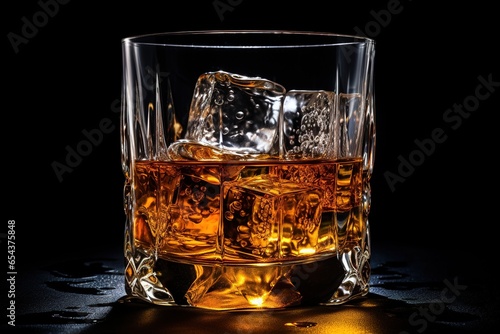 A glass of whiskey with ice on a wooden background. A glass of Scotch whiskey with ice in a rustic style. Whiskey on the rocks.