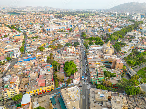Aerial view of La Santisima Cruz Parish next to the Barranco neighborhood in Lima, Peru in 2023. Next to the Spanish Ambassador's Residence and Saint Francis of Assisi Parish. photo