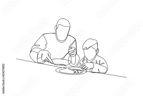 Father accompanies child to eat. Happy people gathering, Family eating, hangouts with food and drinks. Flat graphic vector illustrations isolated on white background