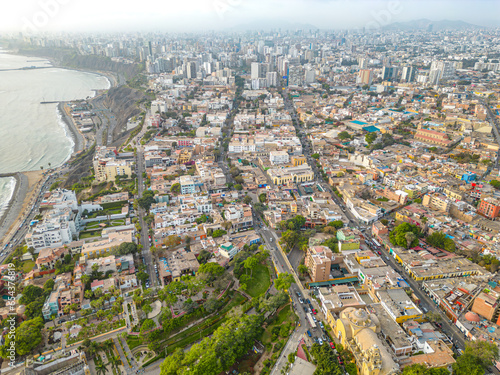 Aerial view of La Santisima Cruz Parish next to the Barranco neighborhood in Lima, Peru in 2023. Next to the Spanish Ambassador's Residence and Saint Francis of Assisi Parish.