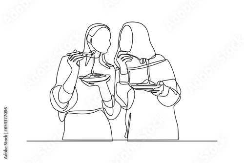 Female friends eating cake. Happy people gathering, Family eating, hangouts with food and drinks. Flat graphic vector illustrations isolated on white background