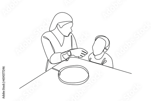 Mother eat togethr. Happy people gathering, Family eating, hangouts with food and drinks. Flat graphic vector illustrations isolated on white background