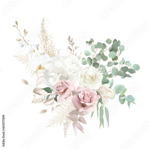 Silver sage green and blush pink flowers vector design bouquet. Dusty rose, white orchid