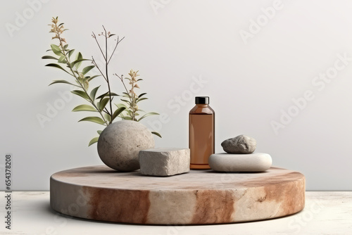 Products display podium with nature leaves background. Generative AI
