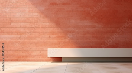 Modern empty interior room with white floor and red brick wall background, marble floor and minimalist table interior architecture design template with copy space, 3D illustration