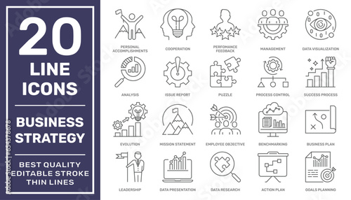 Business Management and Strategy Icon Collection. Thin Line Set contains such Icons as Vision, Mission, Values, Experience and more. Simple web icons set. Editable Stroke. EPS 10