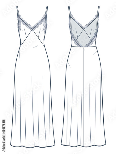 Slip Dress technical fashion illustration. Maxi Dress with Lace trim fashion flat technical drawing template, back zip-up, strap, front and back view, white color, women CAD mockup.
