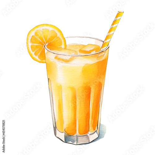 glass of orange juice with lemon, watercolor