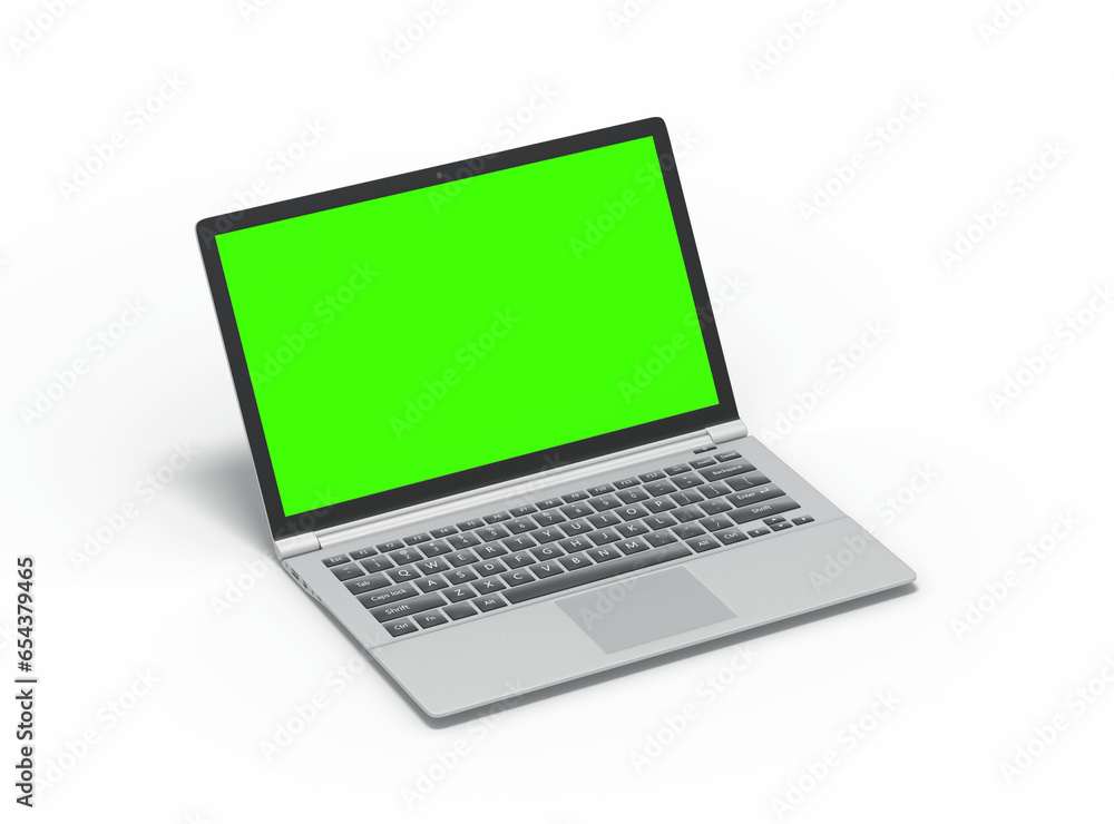 Modern laptop with easely changeable green screen design on the transparent background. 3D Render Modern laptop with easely changeable green screen design on the transparent background. 3D Render