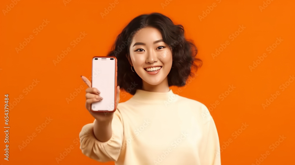asian woman Showing Pointing At Empty Smartphone Screen.generative ai asian woman Showing Pointing At Empty Smartphone Screen.generative ai