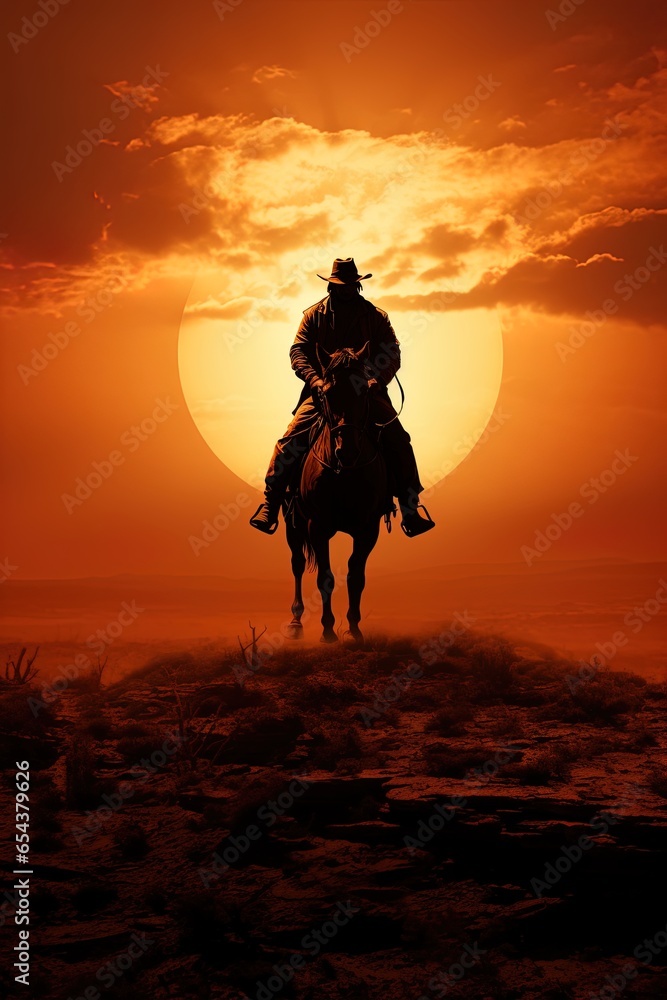 Cowboy riding a horse into sunset, only silhouette visible against orange sky. Wide banner with space for text.

