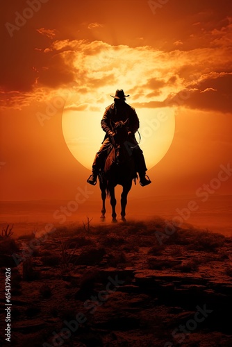 Cowboy riding a horse into sunset, only silhouette visible against orange sky. Wide banner with space for text.  © Papilouz Studio